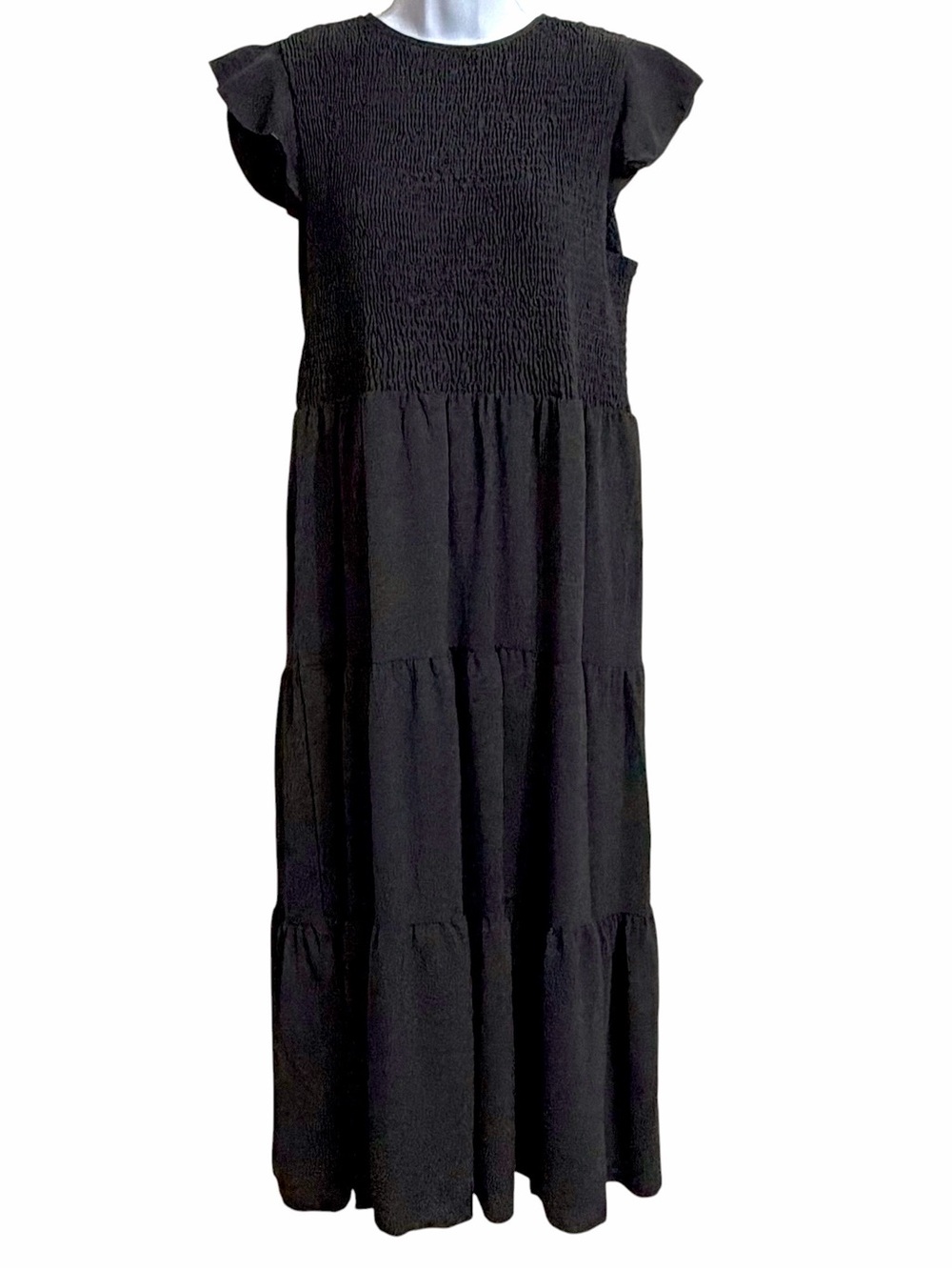 Boho Tiered Smocked Midi Dress Womens XL Black Flutter Sleeve Dark Cottagecore